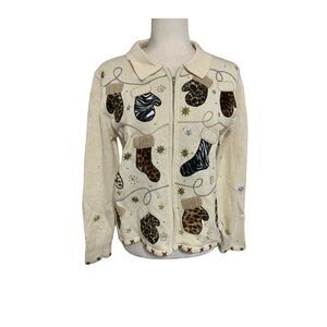 segue womens ugly christmas sweater beige mitten leopard print long sleeve small